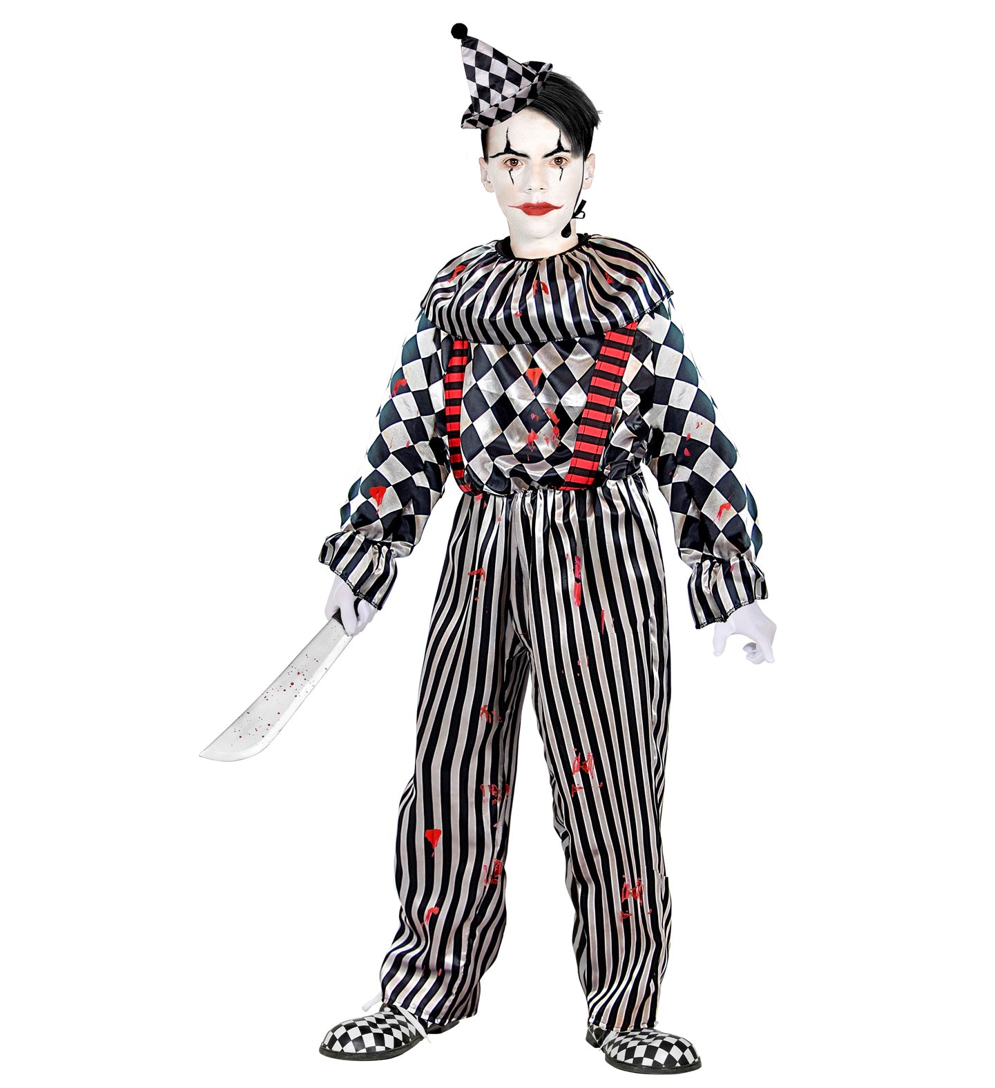 Costume Pagliaccio Terrificante Unisex con Tuta Intera con Collo e Cappello Clown Horror