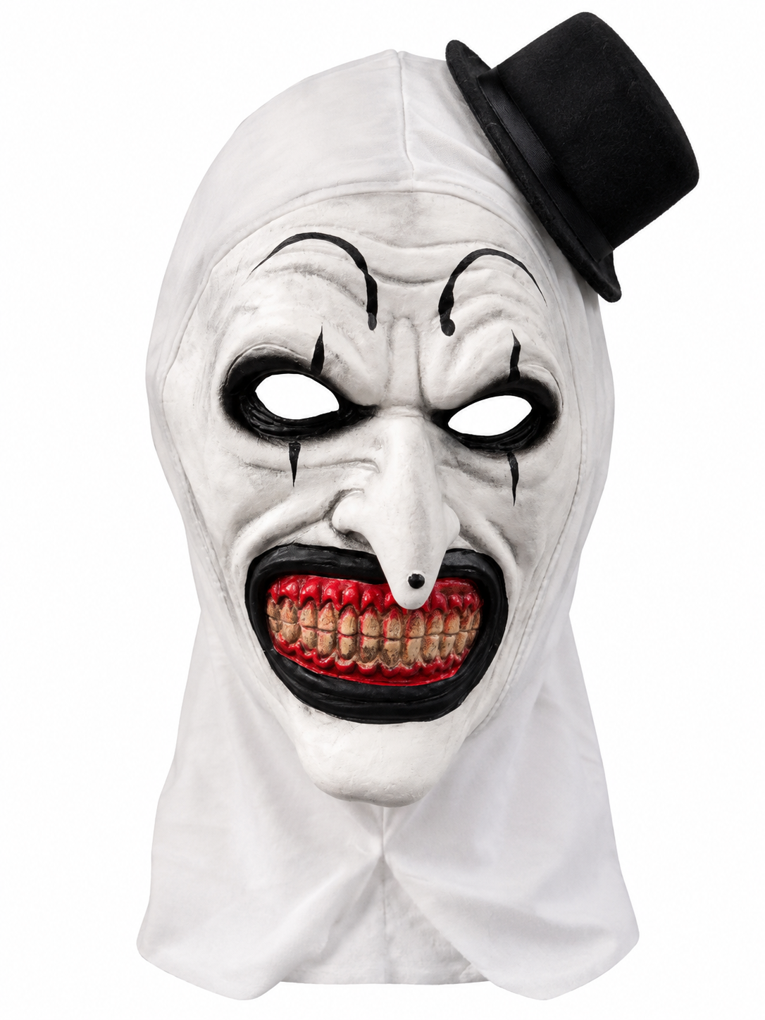 Maschera Terrifier in Lattice con Cappuccio Stoffa Clown Bianco e Cappellino Nero