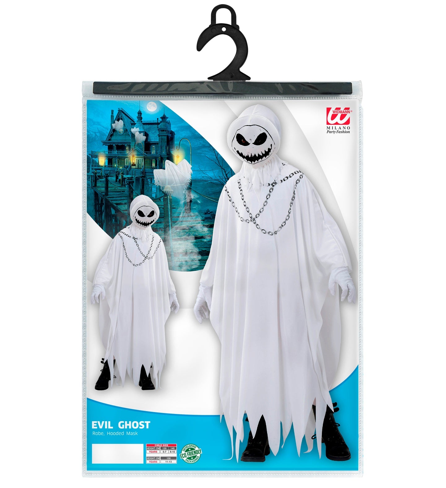 Costume Fantasma Malvagio con Tunica e Maschera con Cappuccio Bianco Horror