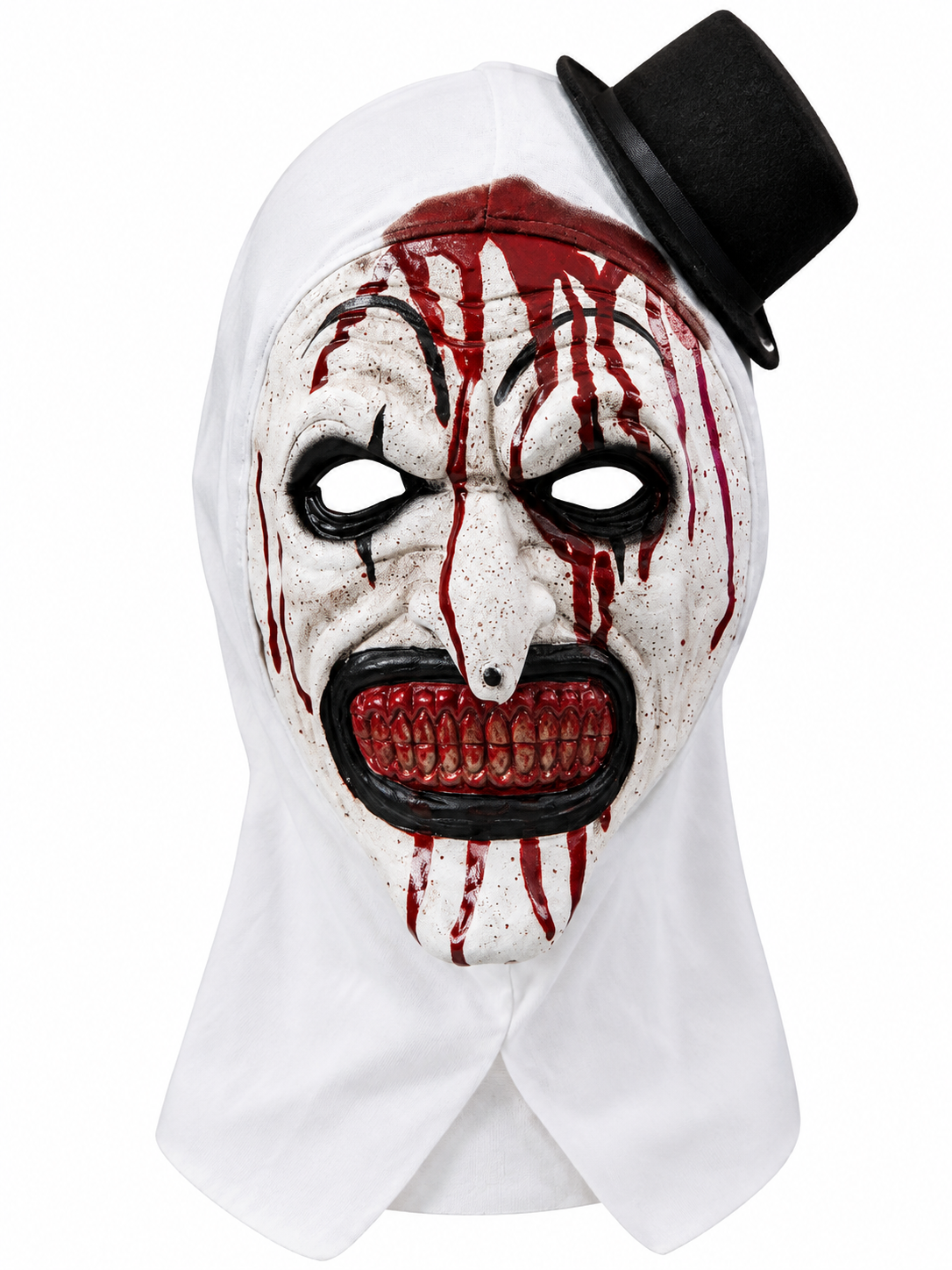Maschera Terrifier Insanguinata in Lattice con Cappuccio Stoffa Clown Bianco e Cappellino Nero
