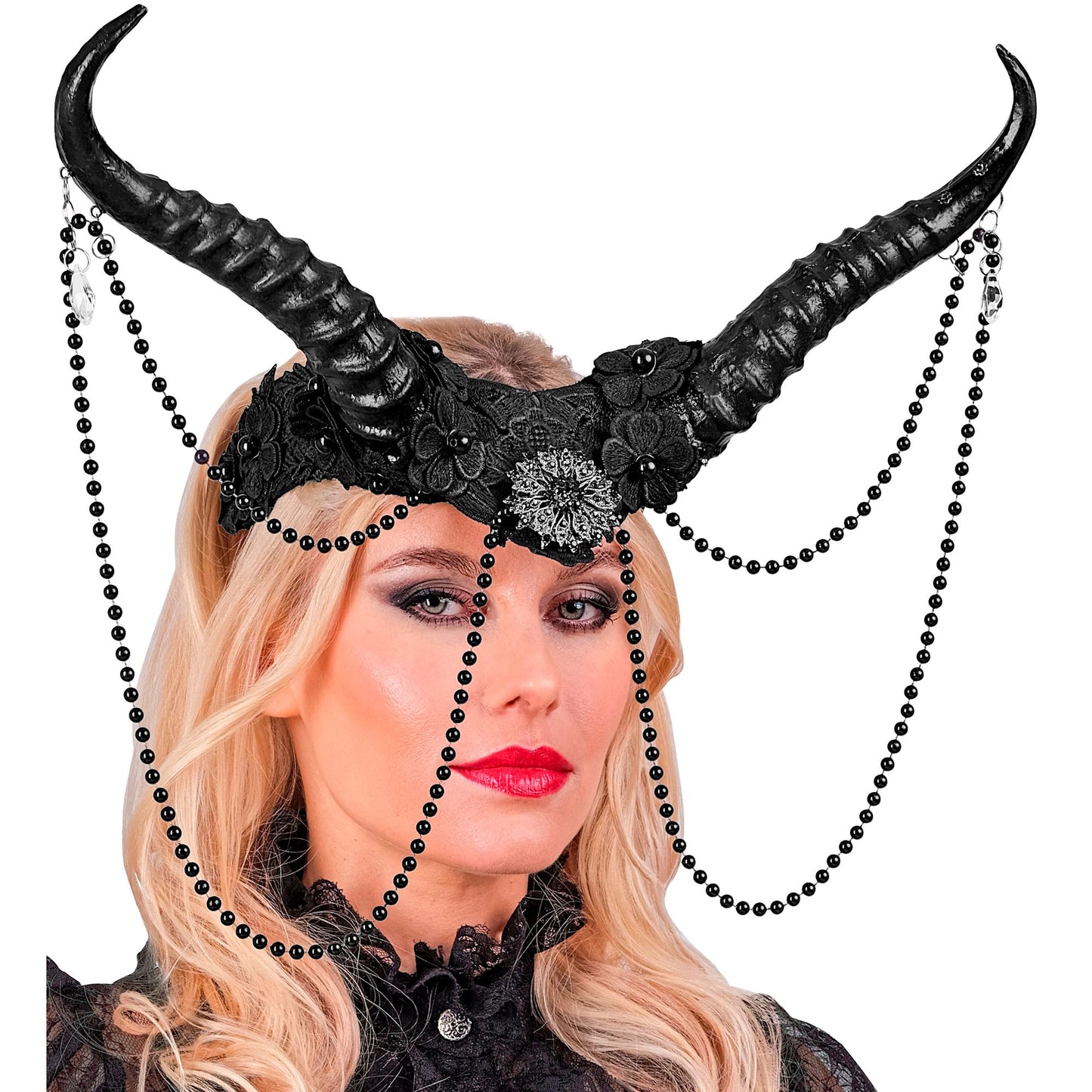 Copricapo Gotico Deluxe con Corna Perle e Gioielli Malefica Halloween