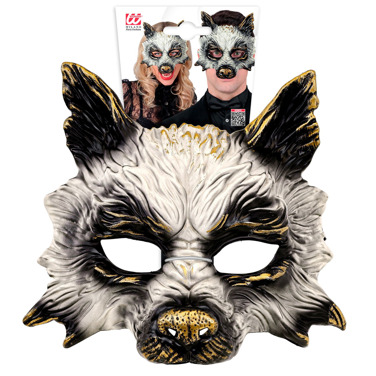 Mezza Maschera Rigida Animale Lupo Con Dettagli Dorati