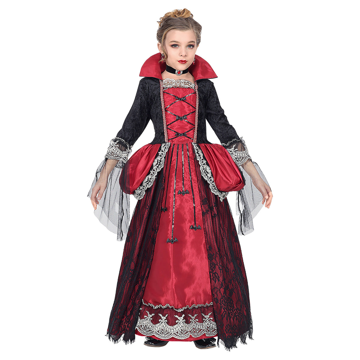 Costume Bambina Vampira Gotica Deluxe Rossa Vestito Sottogonna Crinolina Girocollo Con Gemma