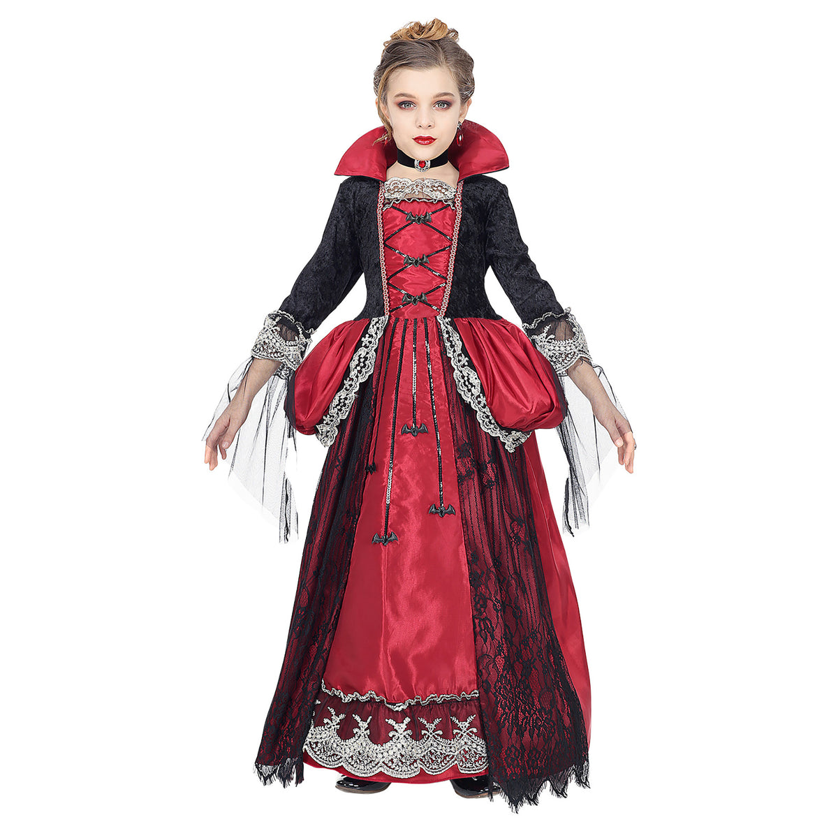 Costume Bambina Vampira Gotica Deluxe Rossa Vestito Sottogonna Crinolina Girocollo Con Gemma