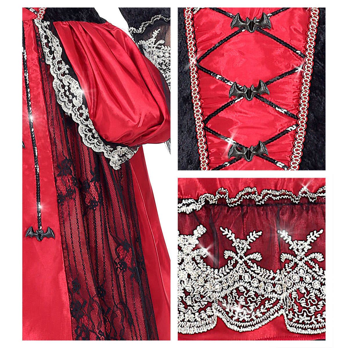Costume Bambina Vampira Gotica Deluxe Rossa Vestito Sottogonna Crinolina Girocollo Con Gemma