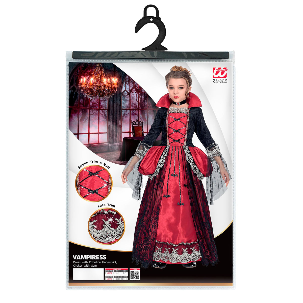 Costume Bambina Vampira Gotica Deluxe Rossa Vestito Sottogonna Crinolina Girocollo Con Gemma