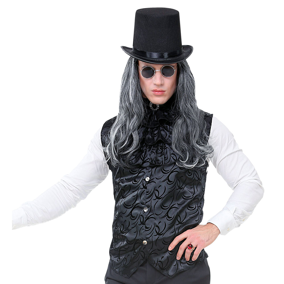 Gilet Gotico Damascato Nero Con Jabot E Gemma Uomo Vampiro Conte Dracula