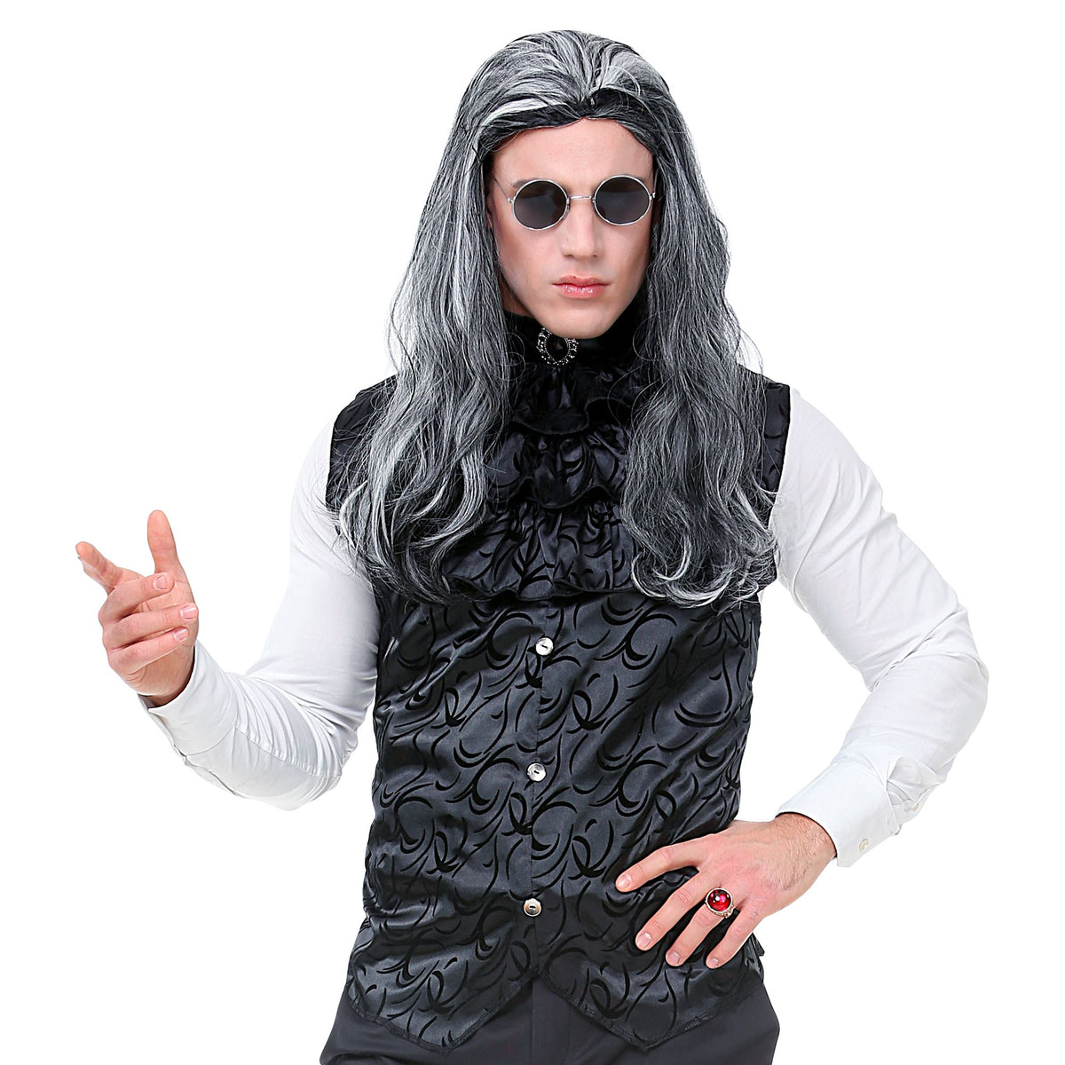 Gilet Gotico Damascato Nero Con Jabot E Gemma Uomo Vampiro Conte Dracula