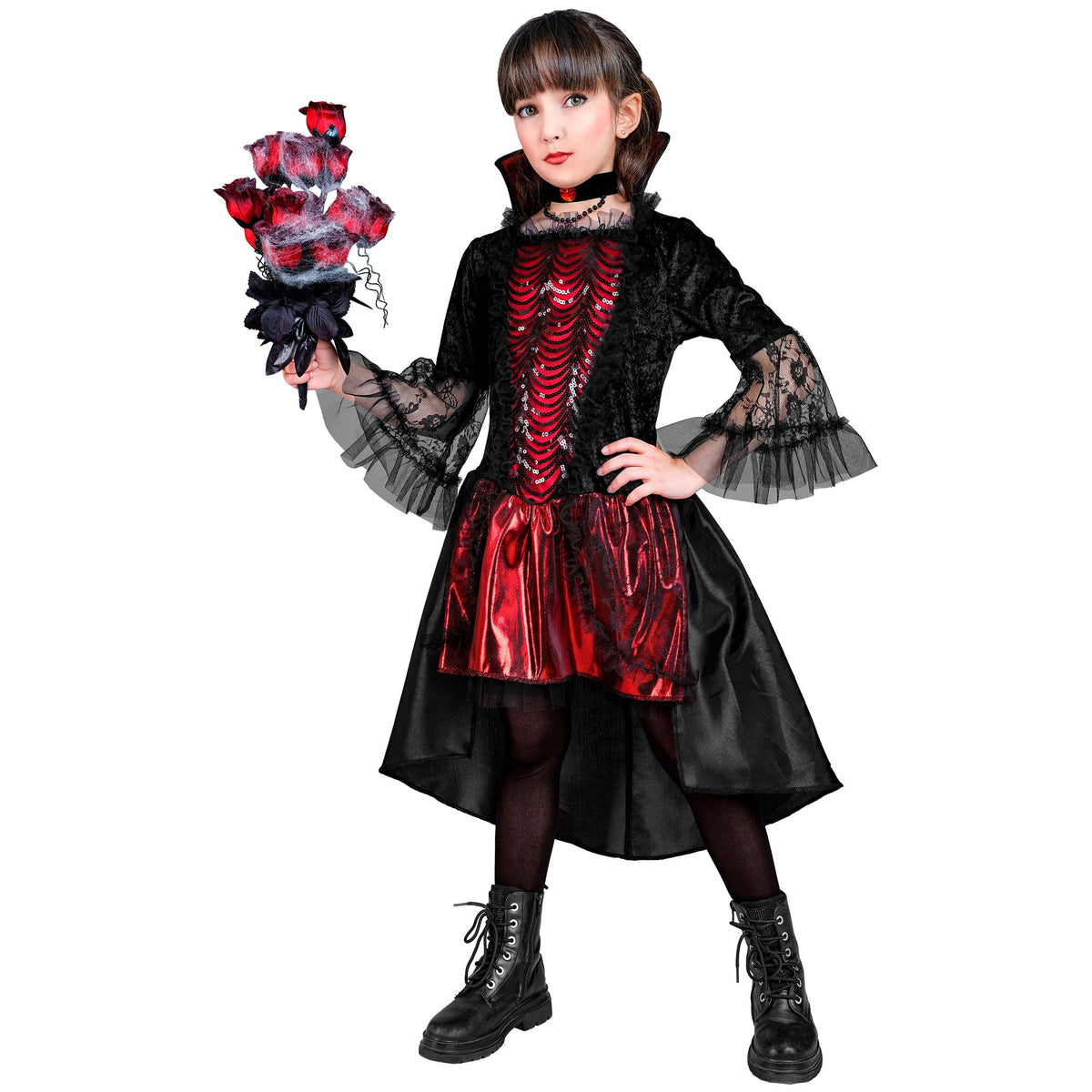 Costume Bambina Vampiressa Gotica Deluxe Rossa Vestito e Girocollo