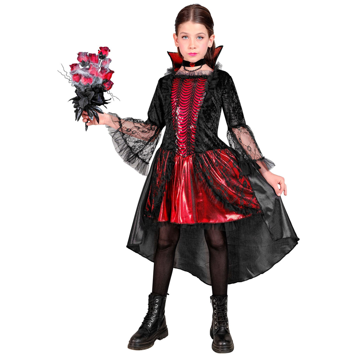 Costume Bambina Vampiressa Gotica Deluxe Rossa Vestito e Girocollo