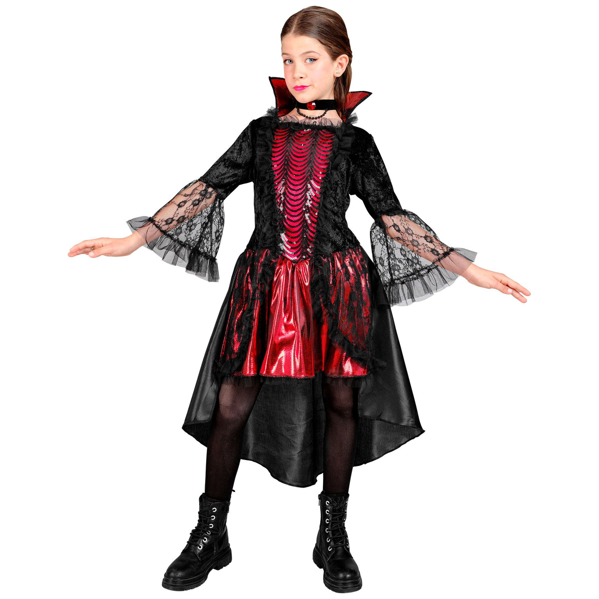 Costume Bambina Vampiressa Gotica Deluxe Rossa Vestito e Girocollo