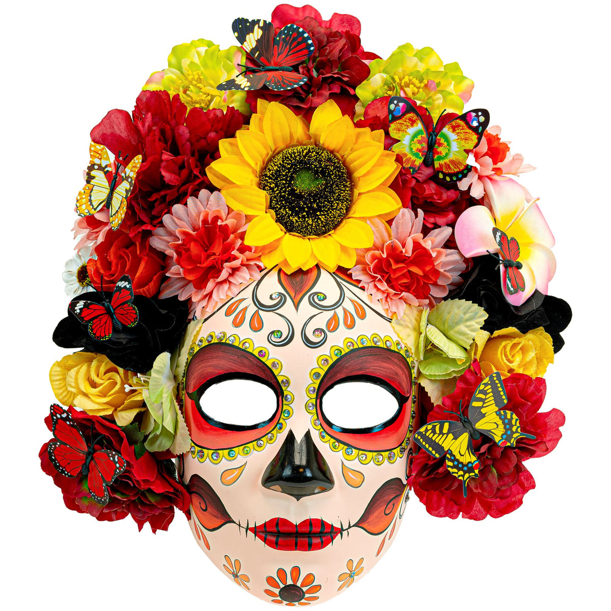 Maschera Deluxe Dia De Los Muertos con Girasole Fiori e Farfalle Colorate Catrina Halloween