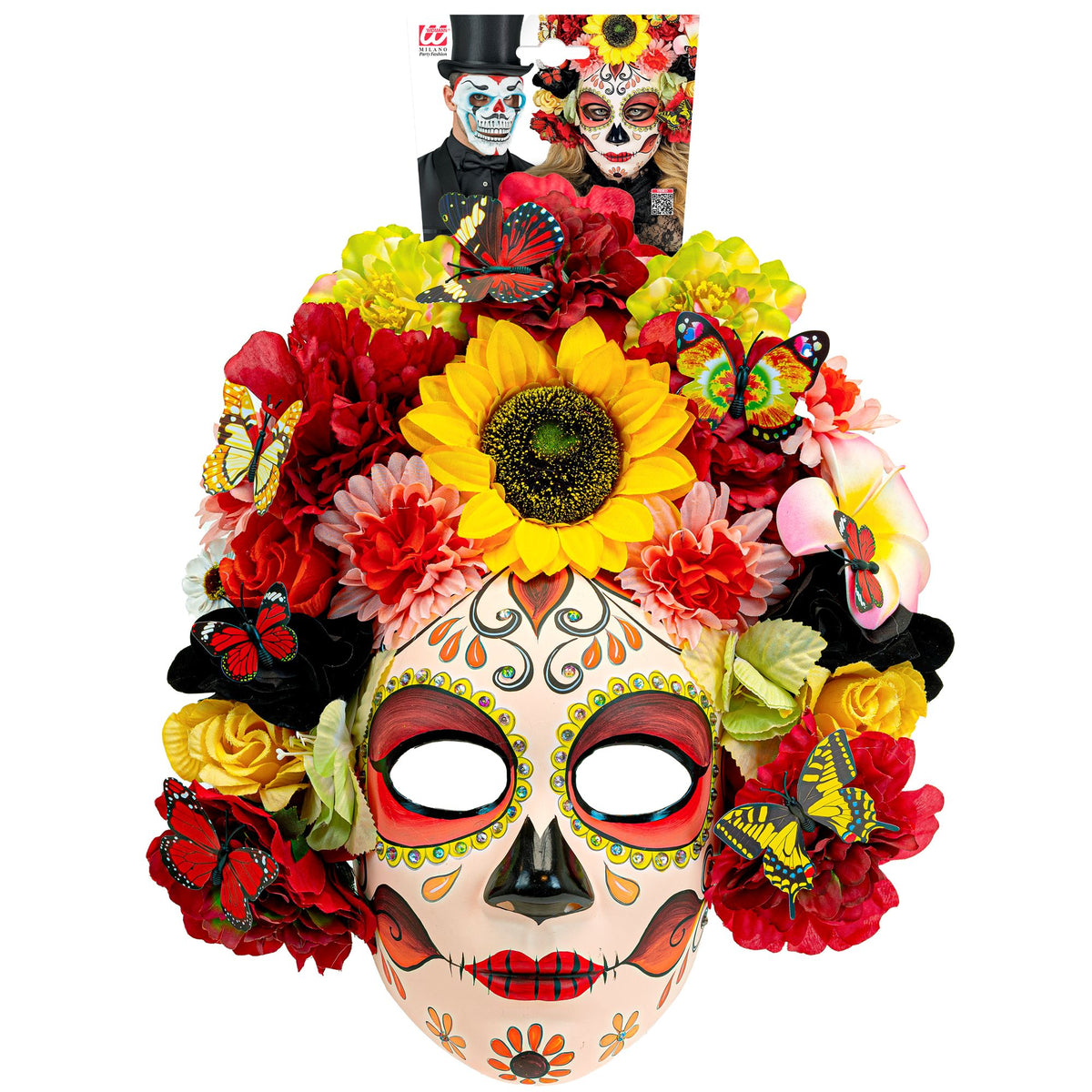 Maschera Deluxe Dia De Los Muertos con Girasole Fiori e Farfalle Colorate Catrina Halloween