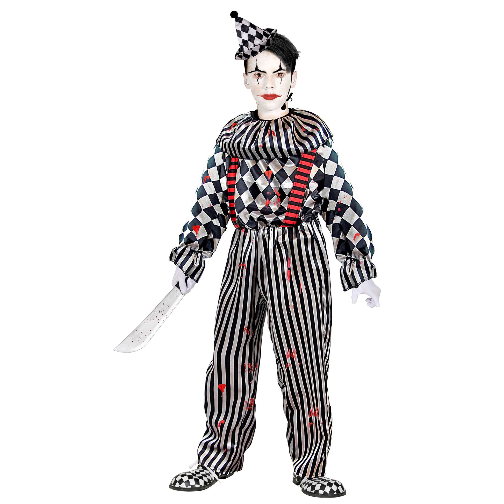 Costume Pagliaccio con Tuta, Gorgiera, Bretelle e Copricapo 1
