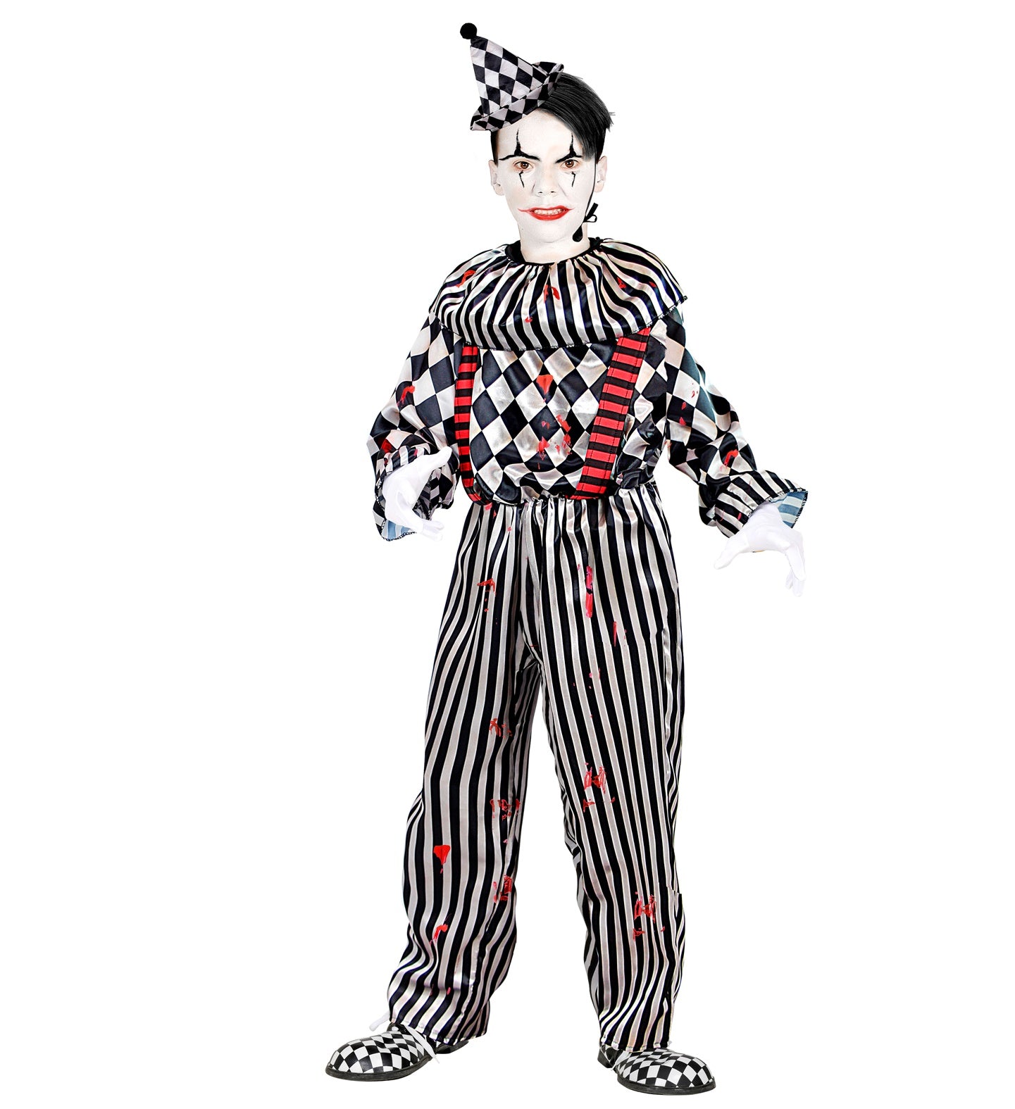 Costume Pagliaccio Terrificante Unisex con Tuta Intera con Collo e Cappello Clown Horror