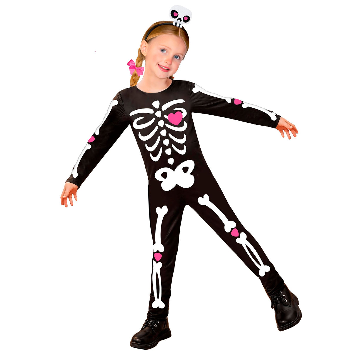 Costume Neonata Scheletro Tutone e Cerchietto con Osso Rosa Halloween