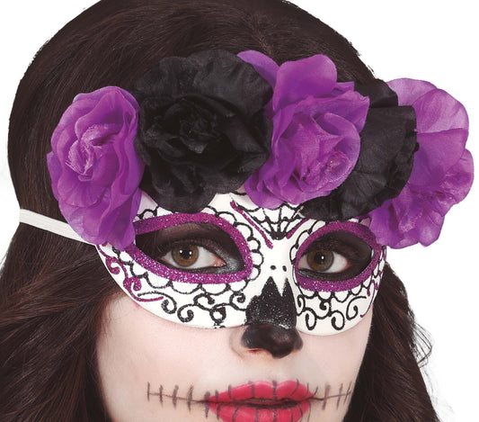Maschera Rigida Catrina Morte Messicana con Fiori Viola e Neri Halloween