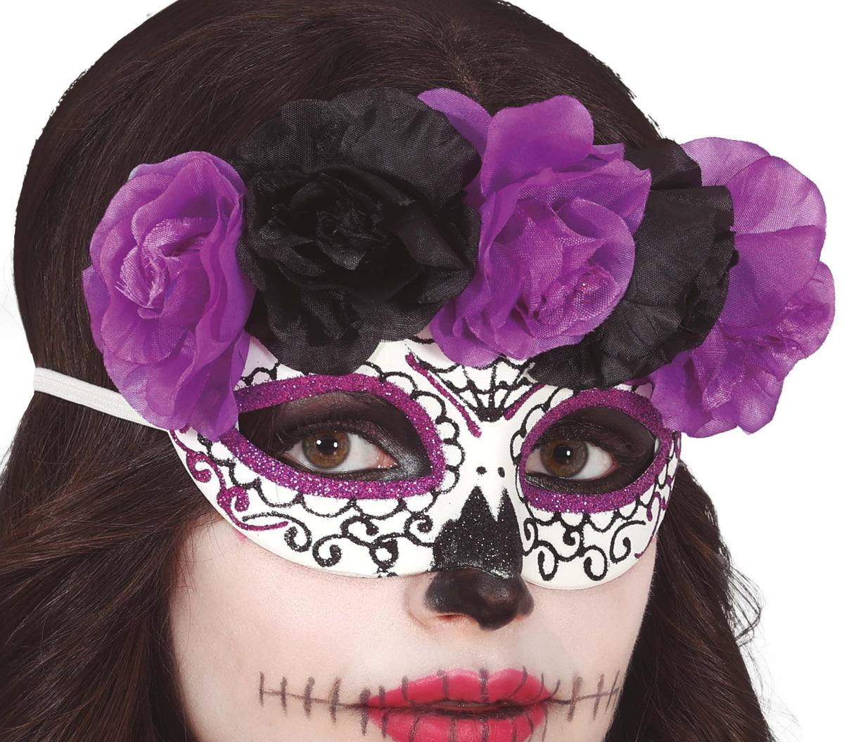 Maschera Rigida Catrina Morte Messicana con Fiori Viola e Neri Halloween