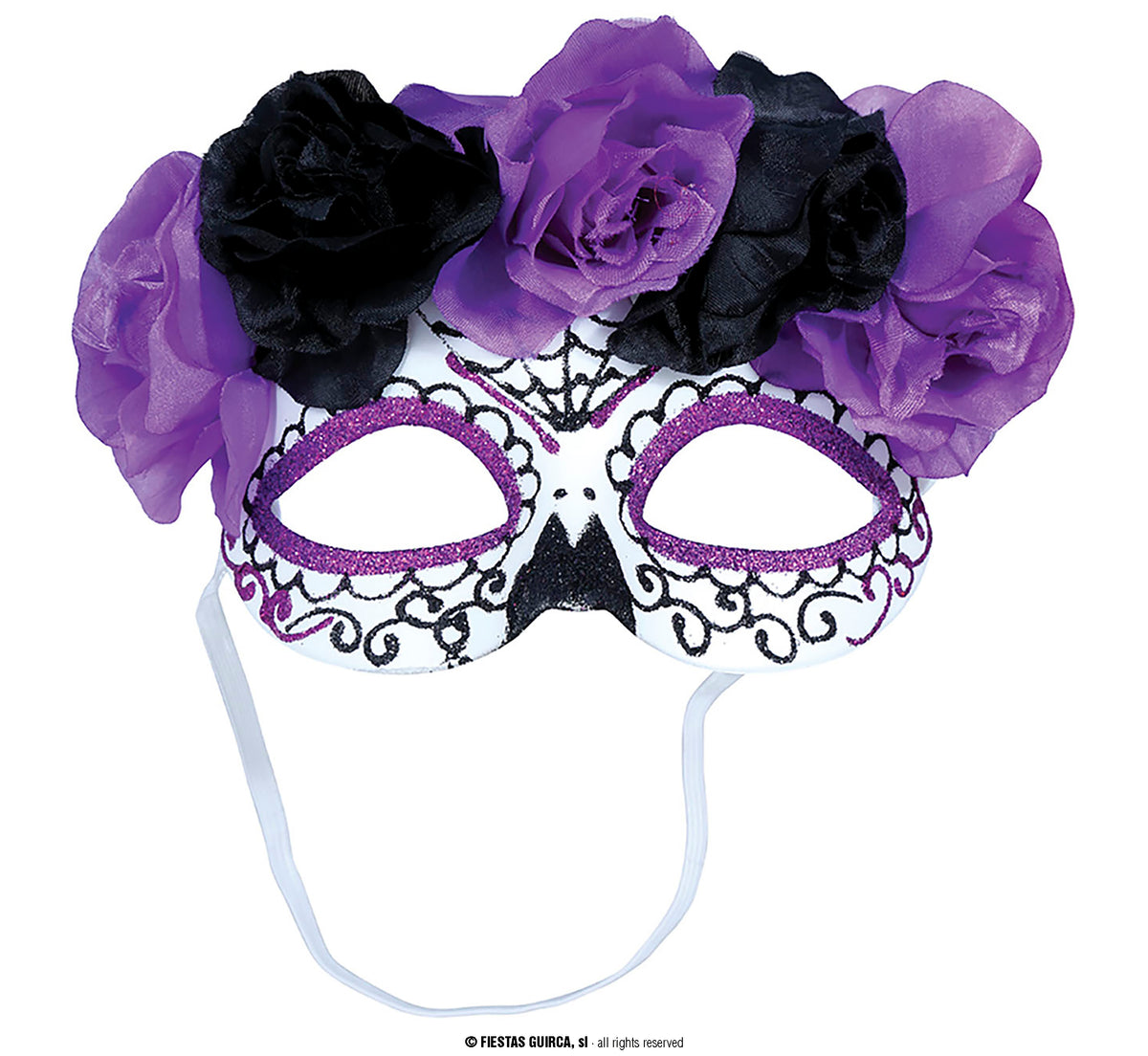 Maschera Rigida Catrina Morte Messicana con Fiori Viola e Neri Halloween