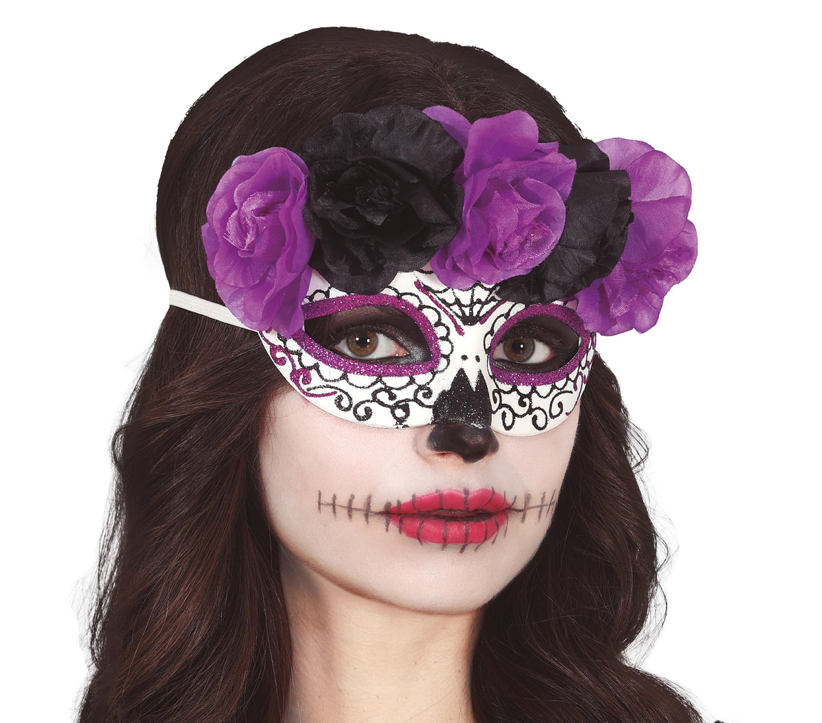 Maschera Rigida Catrina Morte Messicana con Fiori Viola e Neri Halloween