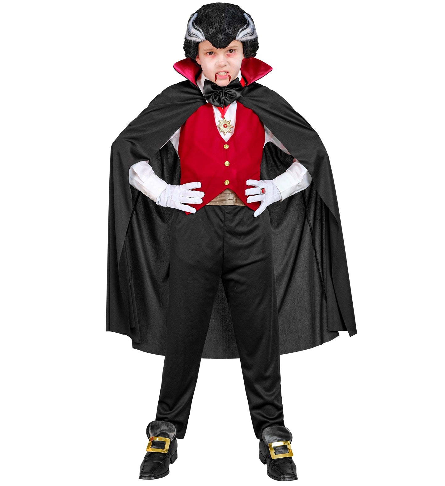 Set Vampiro con Gilet Cintura Papillon Collana con Medaglione Guanti e Mantello Conte Dracula