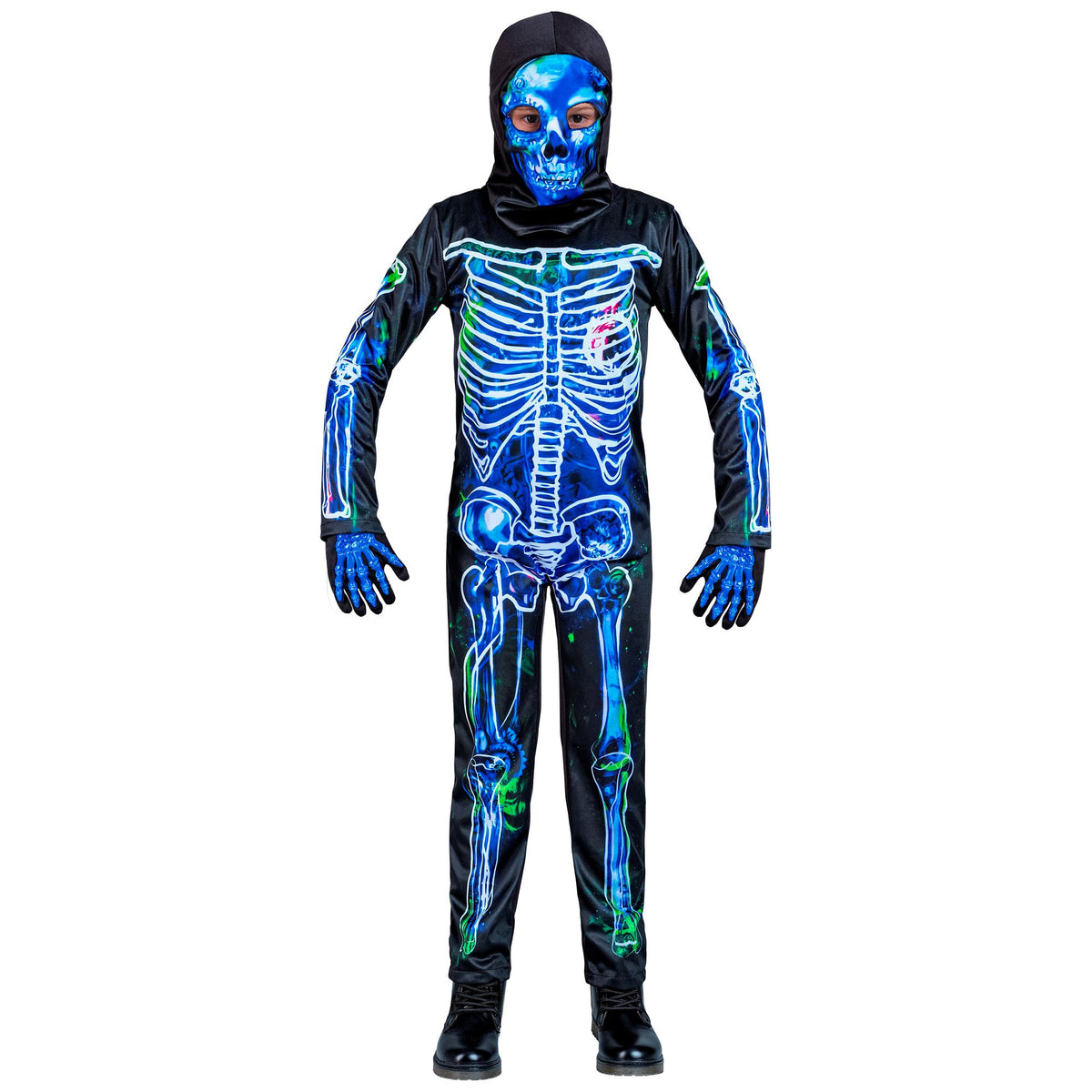 Costume Bambino Scheletro Tossico Tuta Intera e Maschera Horror Halloween