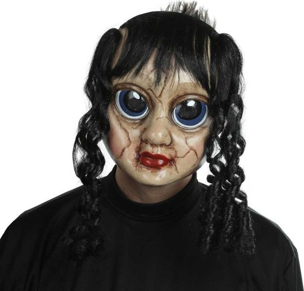 Maschera Bambola Horror Sally Triste con Capelli Neri Creepy Halloween