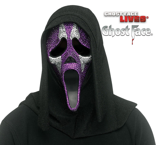 Maschera Ghost Face con Brillantini Bianchi e Viola con Cappuccio Glitterato Originale Scream Halloween