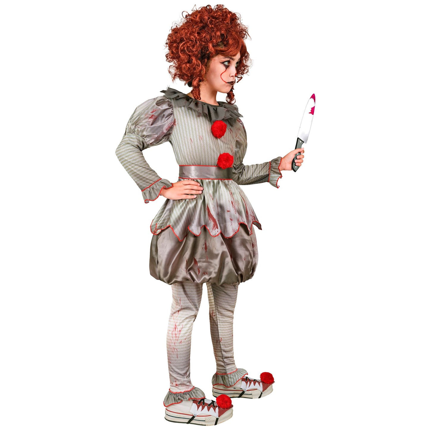 Costume Clown IT Killer Bambina con Maglia Pantalone Cintura e Copri scarpe Pagliaccia Horror