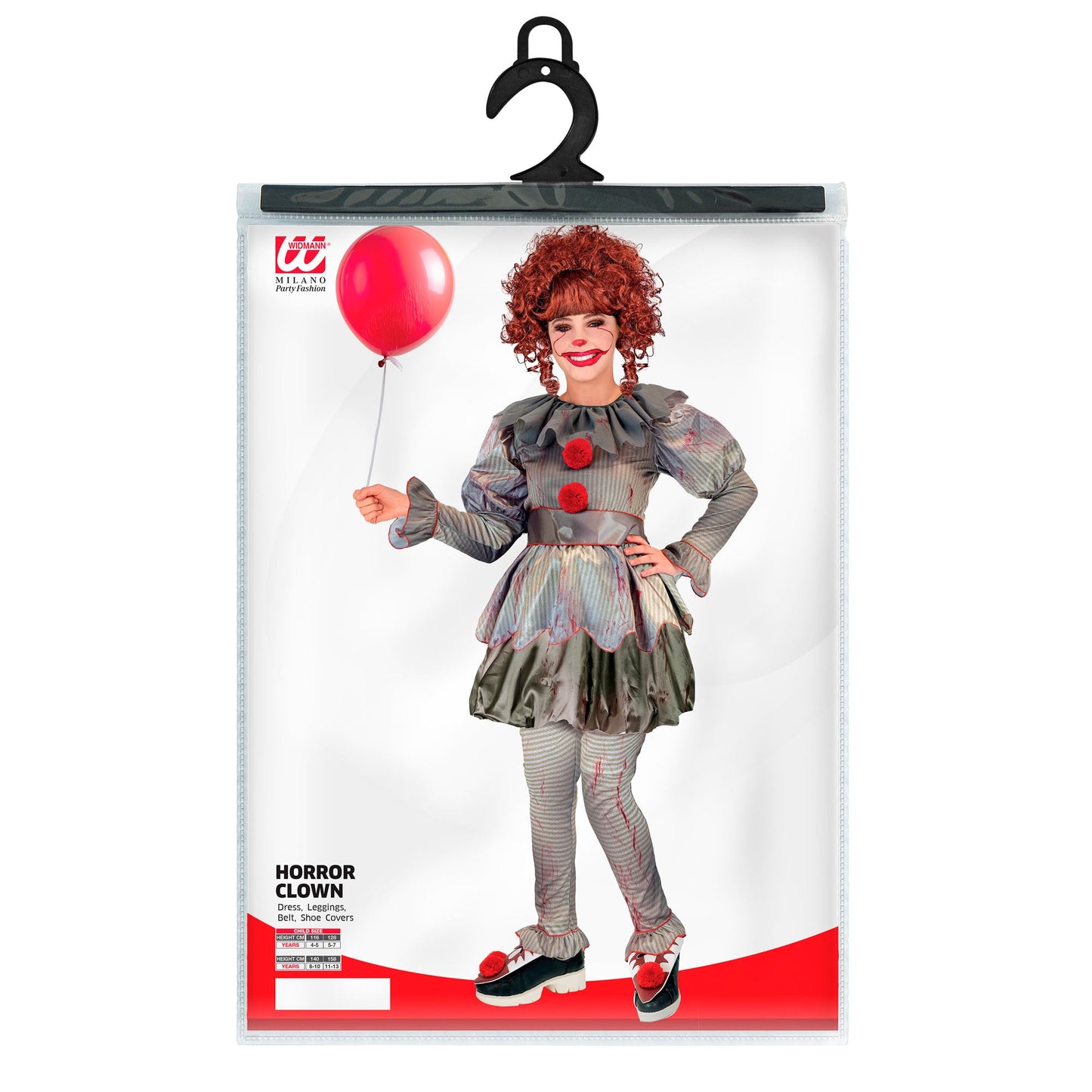 Costume Clown IT Killer Bambina con Maglia Pantalone Cintura e Copri scarpe Pagliaccia Horror