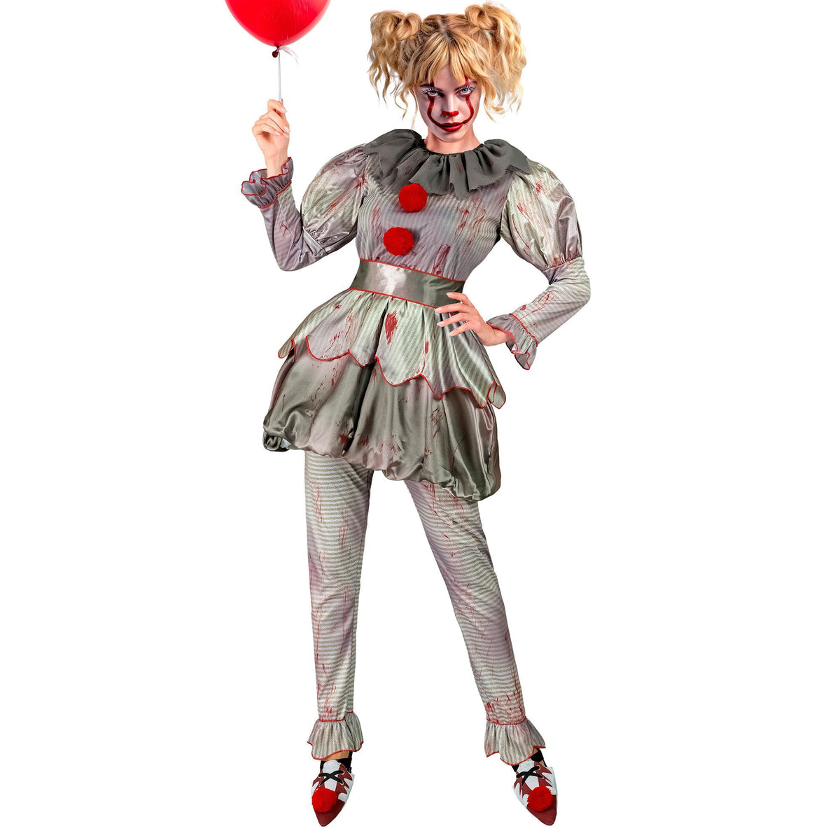 Costume Clown IT Killer Donna Con Vestito Leggings Cintura e Copri Scarpe Pagliaccia Horror