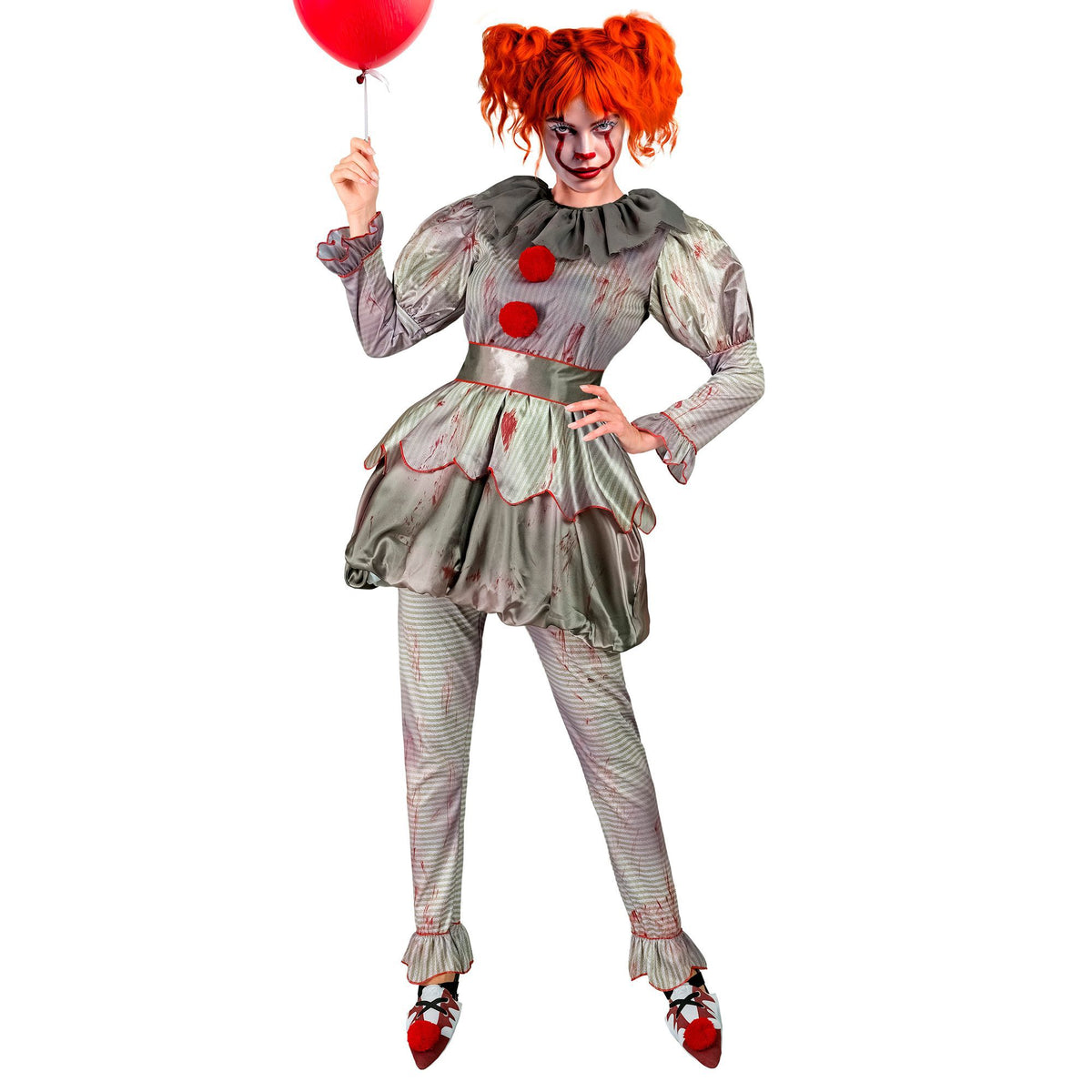 Costume Clown IT Killer Donna Con Vestito Leggings Cintura e Copri Scarpe Pagliaccia Horror