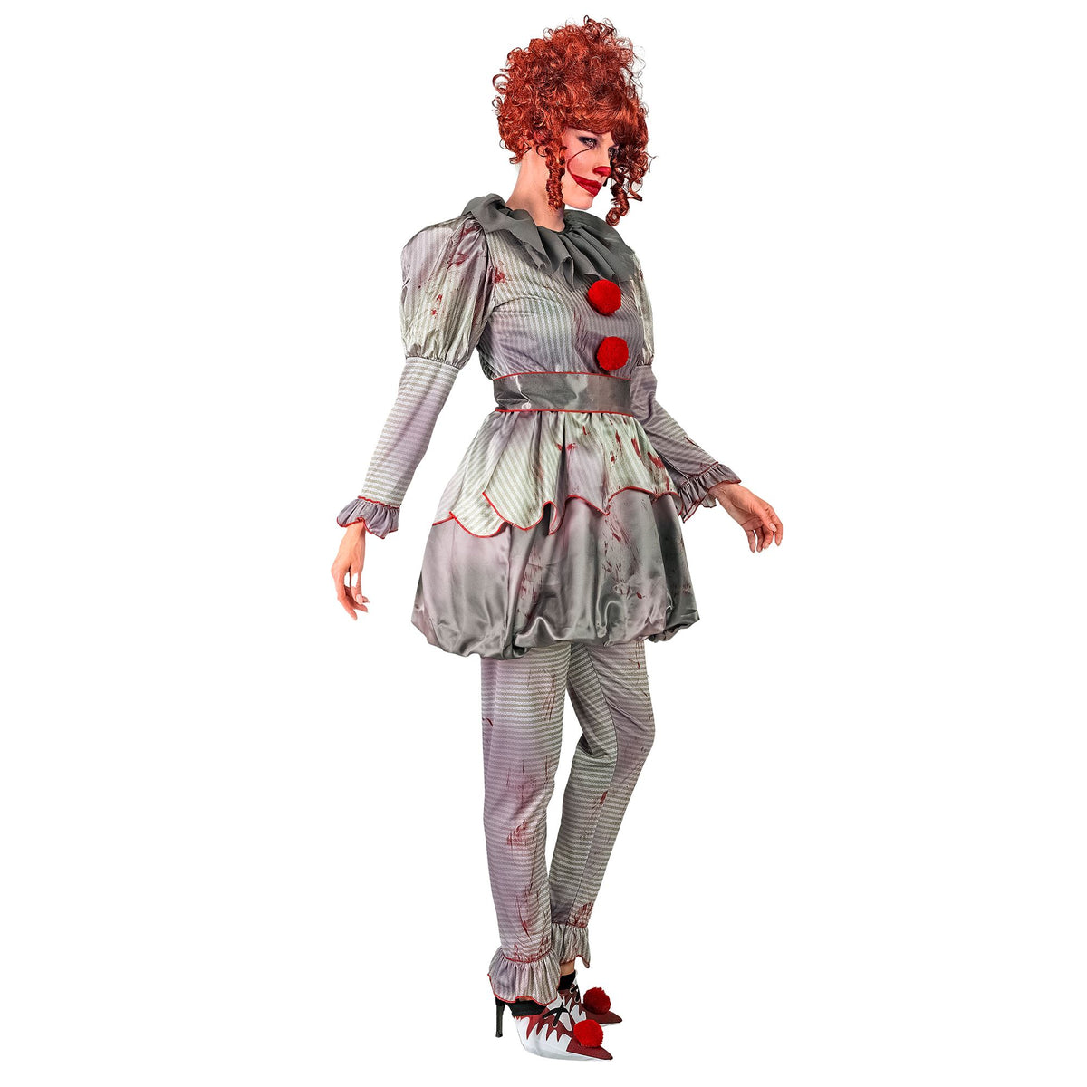 Costume Clown IT Killer Donna Con Vestito Leggings Cintura e Copri Scarpe Pagliaccia Horror