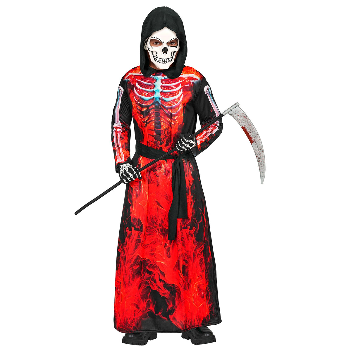 Costume Bambino Scheletro Demone Mietitore Tunica con Cappuccio e Maschera Horror Halloween