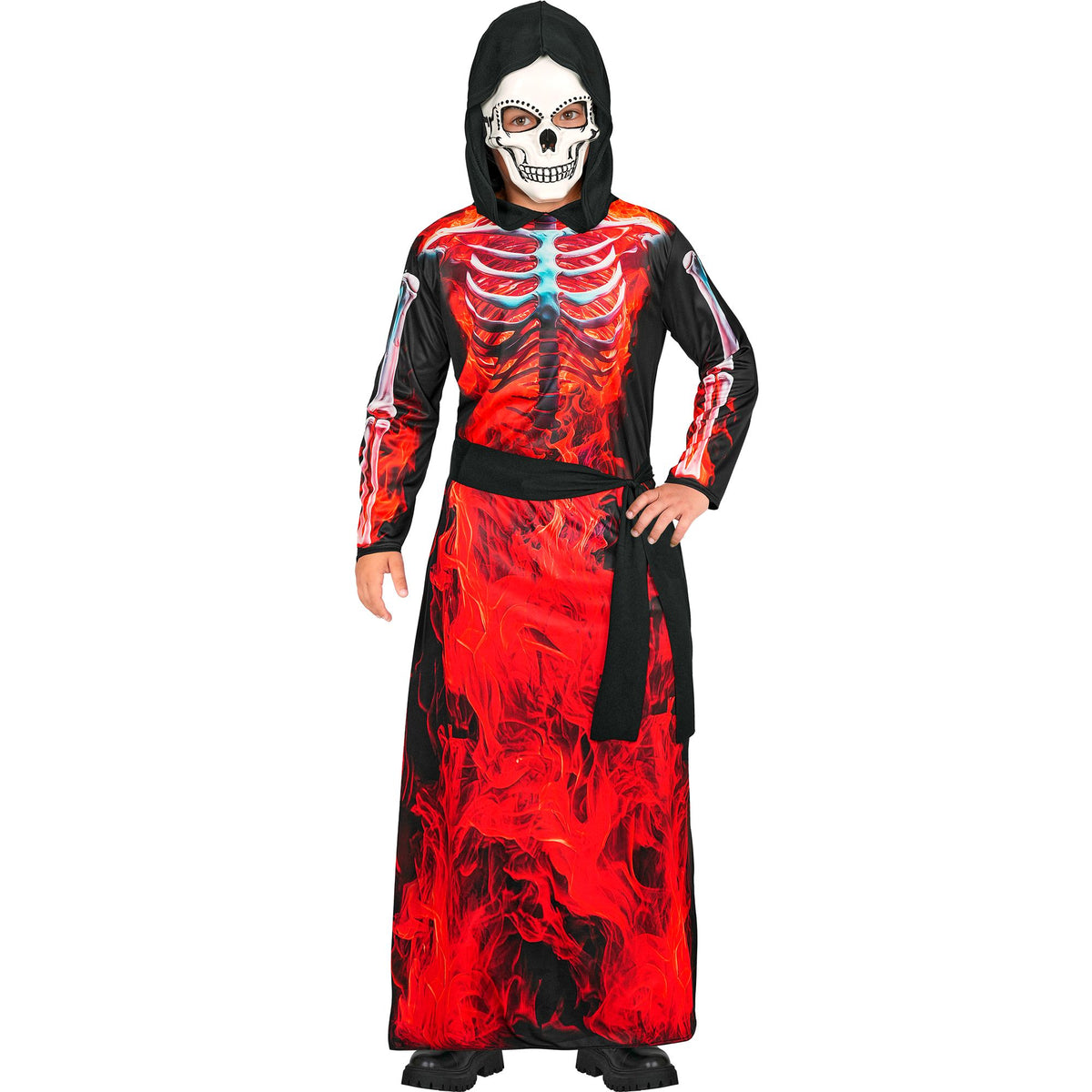 Costume Bambino Scheletro Demone Mietitore Tunica con Cappuccio e Maschera Horror Halloween