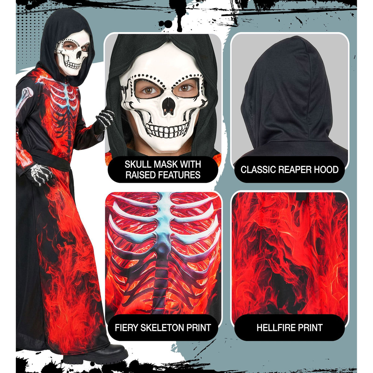 Costume Bambino Scheletro Demone Mietitore Tunica con Cappuccio e Maschera Horror Halloween