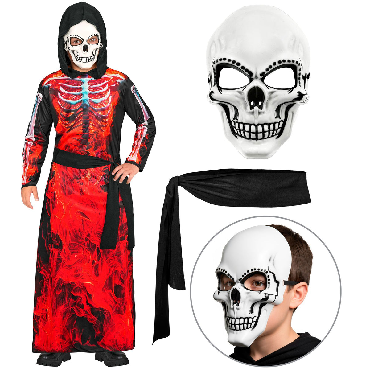 Costume Bambino Scheletro Demone Mietitore Tunica con Cappuccio e Maschera Horror Halloween