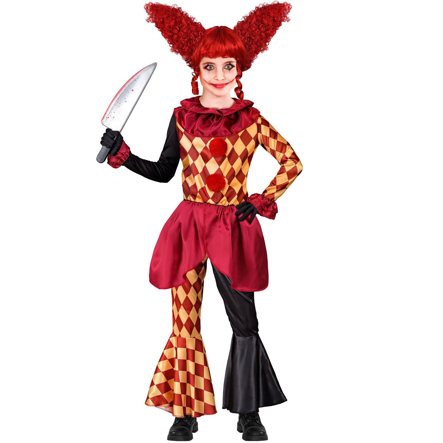 Costume Pagliaccio Horror Bambina con Maglia Pantalone e Gorgiera Scacchi Clown Halloween
