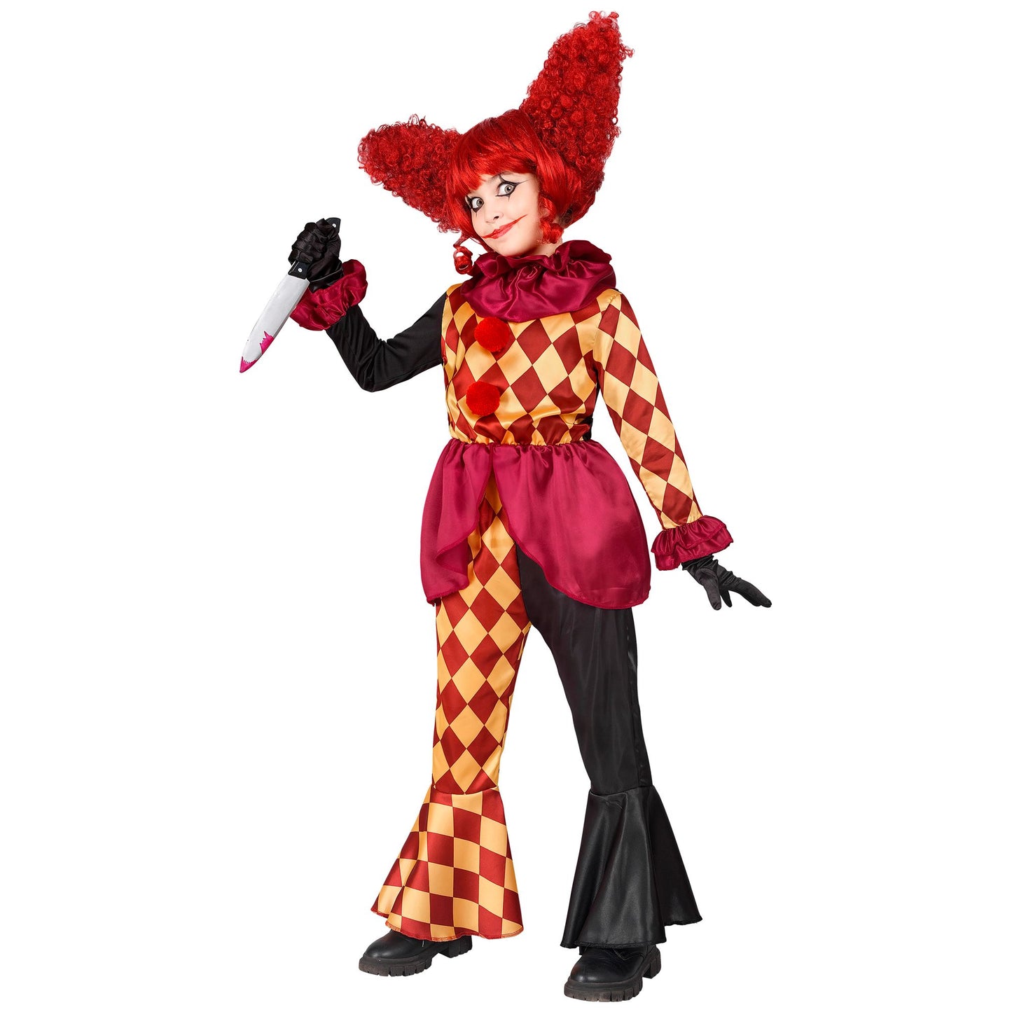 Costume Pagliaccio Horror Bambina con Maglia Pantalone e Gorgiera Scacchi Clown Halloween