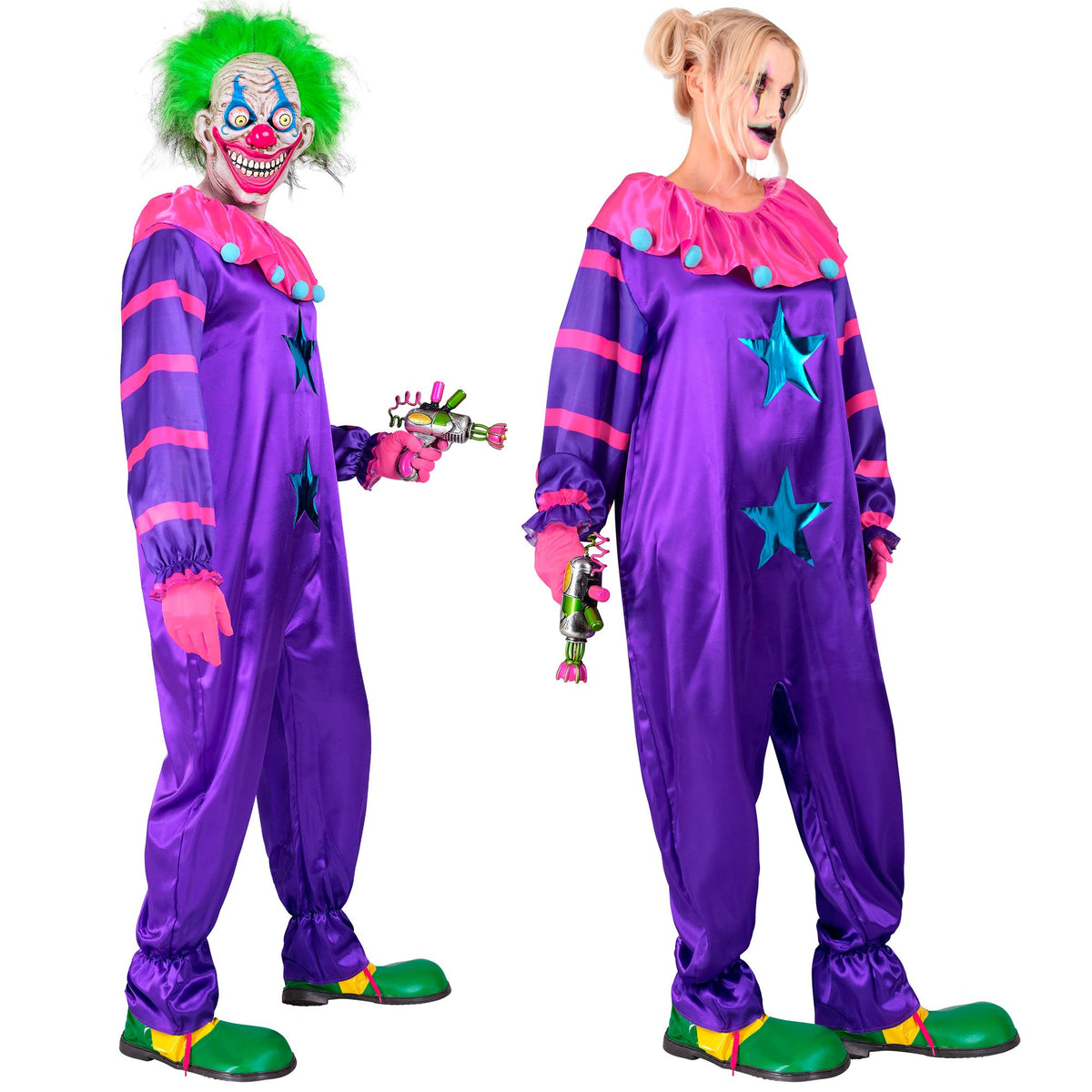 Costume Adulto Pagliaccio Horror Dello Spazio Viola Solo Tuta Halloween