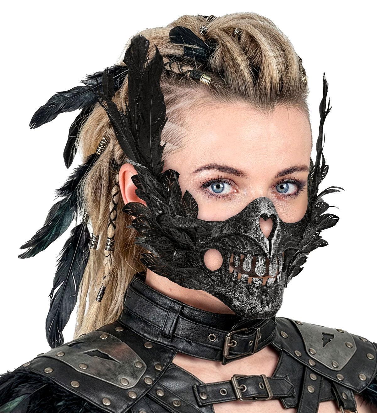 Mezza Maschera Teschio con Piume Nere Viso Scheletro Horror