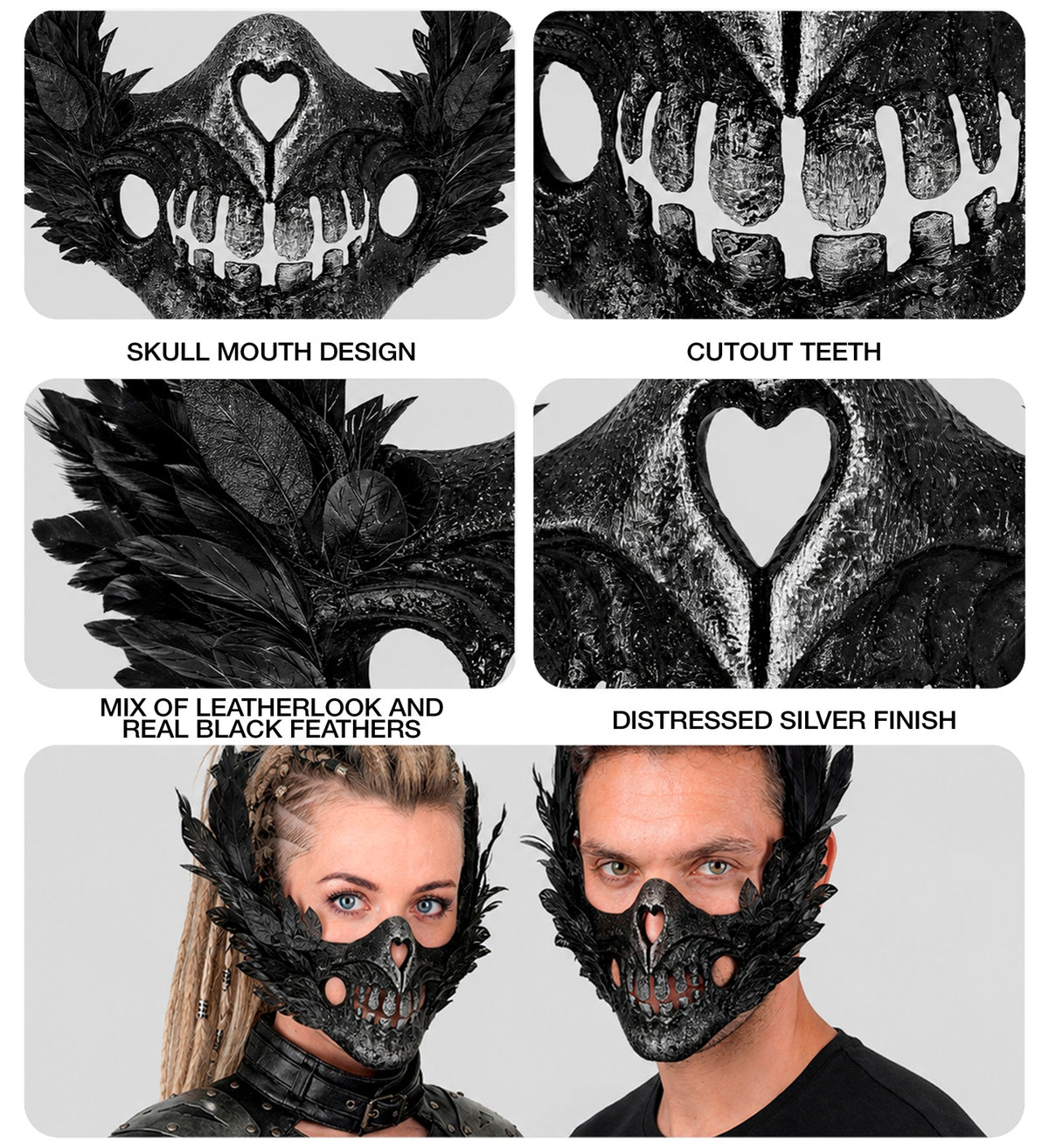 Mezza Maschera Teschio con Piume Nere Viso Scheletro Horror