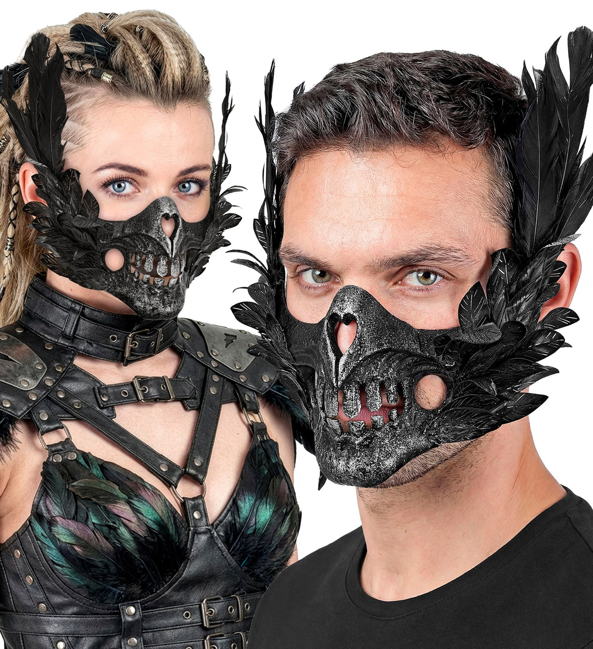 Mezza Maschera Teschio con Piume Nere Viso Scheletro Horror