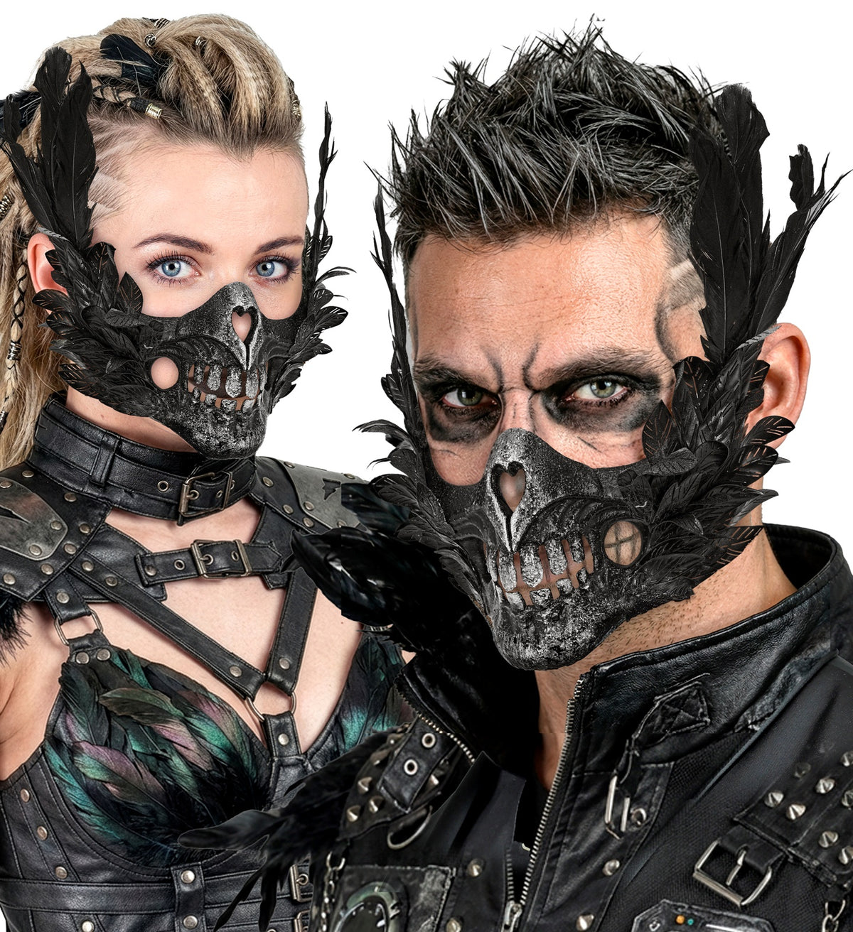 Mezza Maschera Teschio con Piume Nere Viso Scheletro Horror