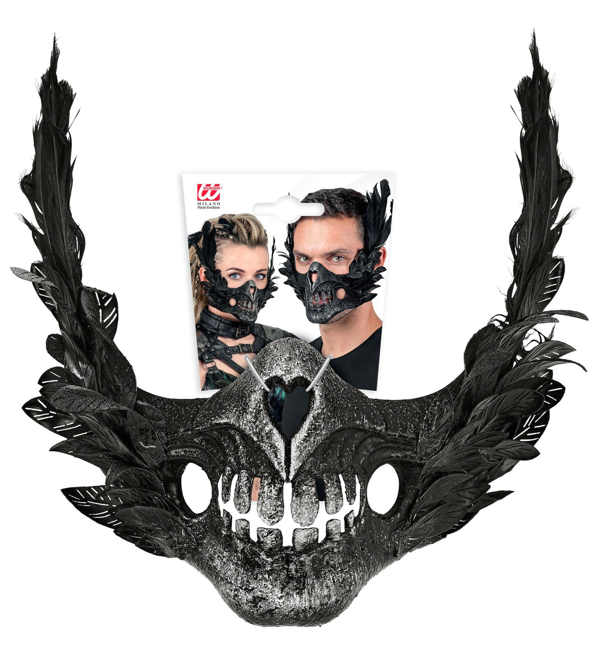 Mezza Maschera Teschio con Piume Nere Viso Scheletro Horror
