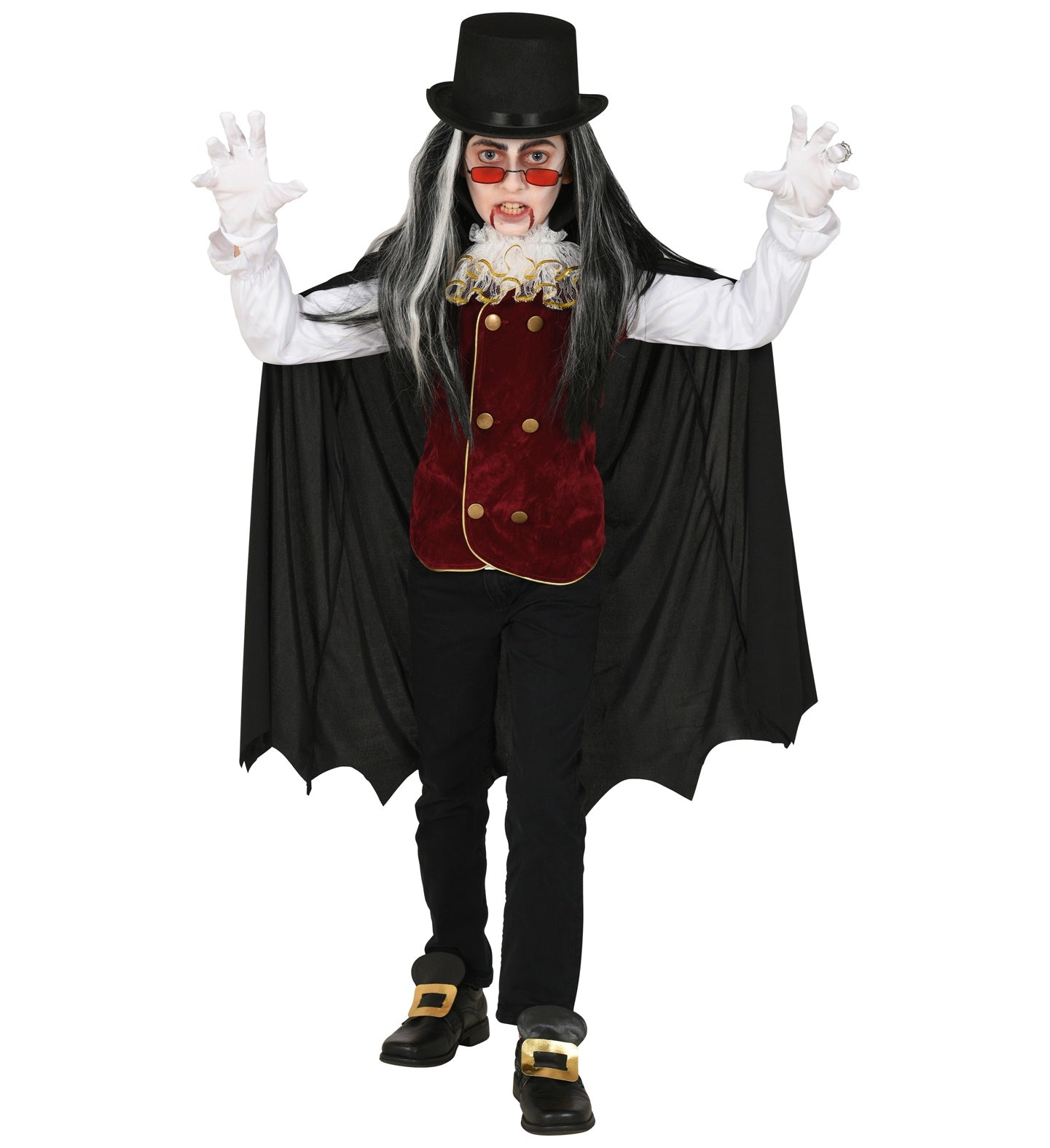Costume Vampiro Bambino Maglia con Gilet in Vellutino Bordeaux Jabot e Mantello Conte Dracula Halloween