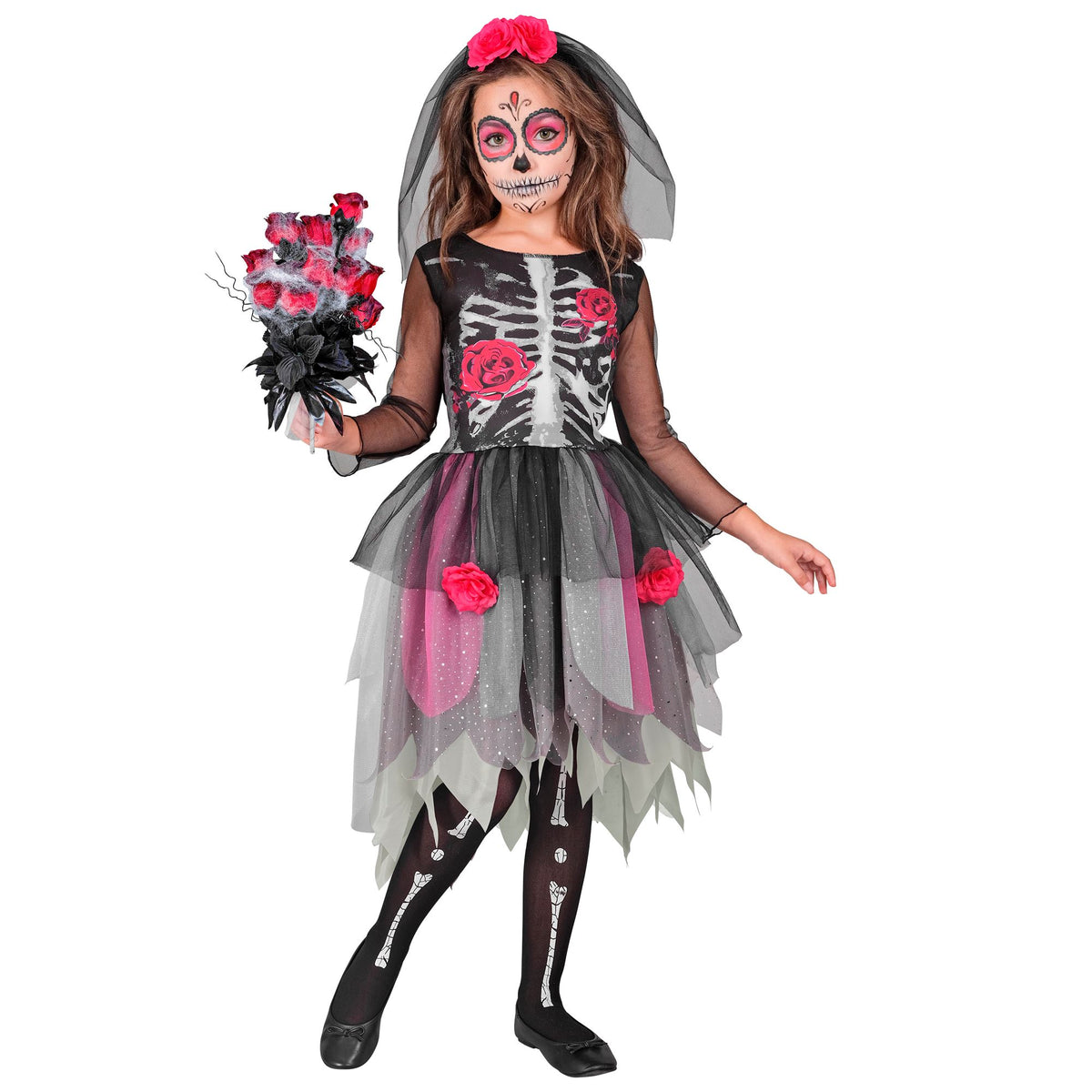 Costume Bambina Morte Messicana Scheletro Vestito Con Cerchietto Rosa Halloween