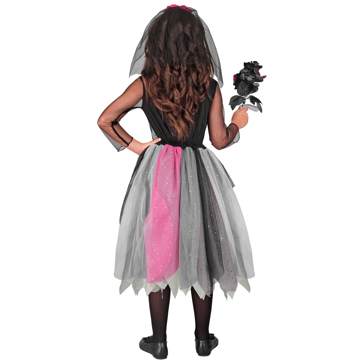Costume Bambina Morte Messicana Scheletro Vestito Con Cerchietto Rosa Halloween