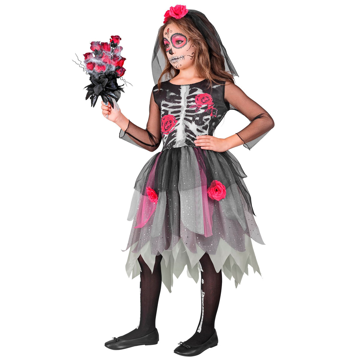Costume Bambina Morte Messicana Scheletro Vestito Con Cerchietto Rosa Halloween