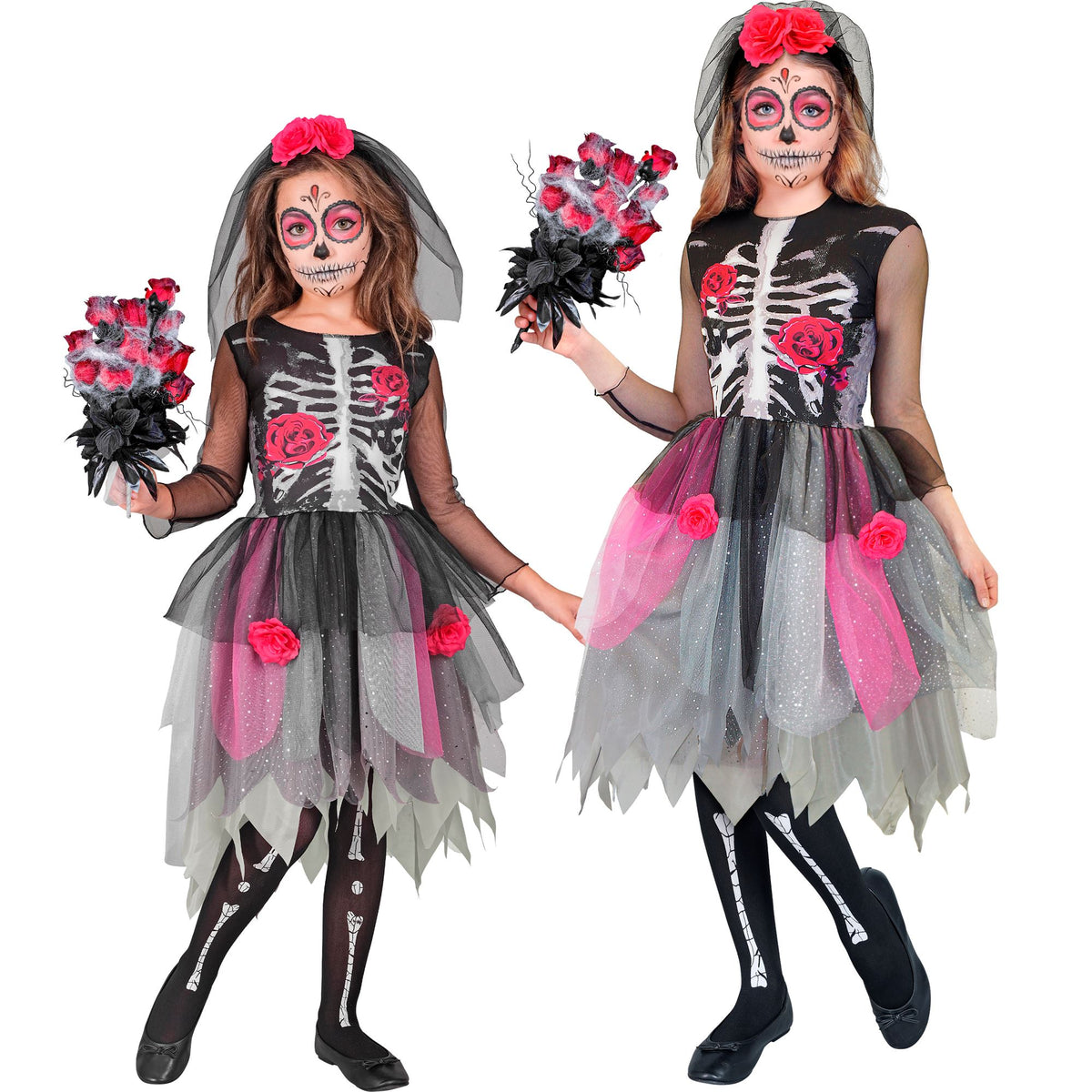 Costume Bambina Morte Messicana Scheletro Vestito Con Cerchietto Rosa Halloween